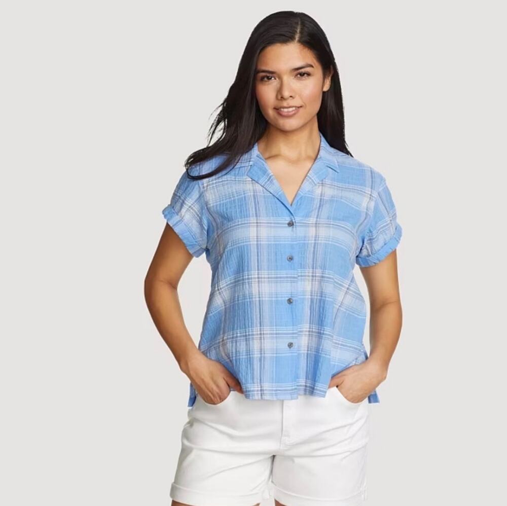 new with tag Eddie Bauer Light Blue Plaid Button Down Shirt retails for $76